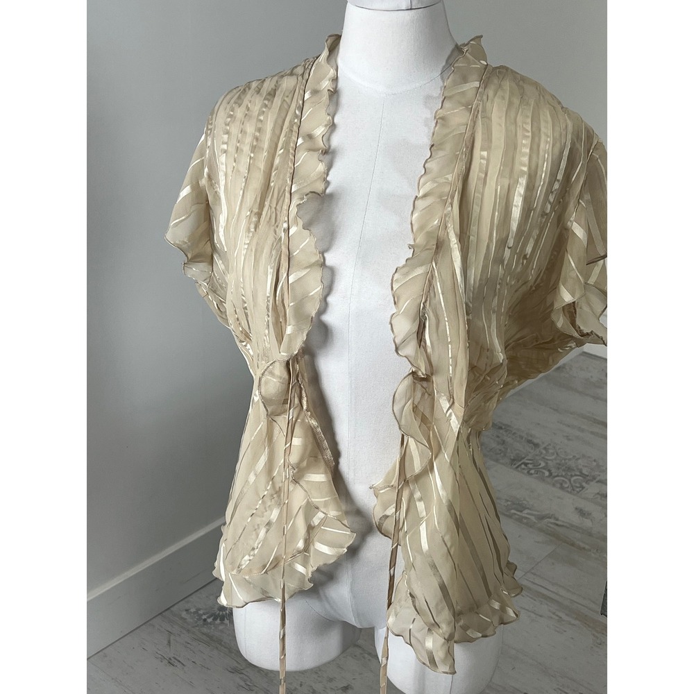 Notations Womens Large Beige Sheer Ruffle Tie Front Satin Stripe Blouse Top